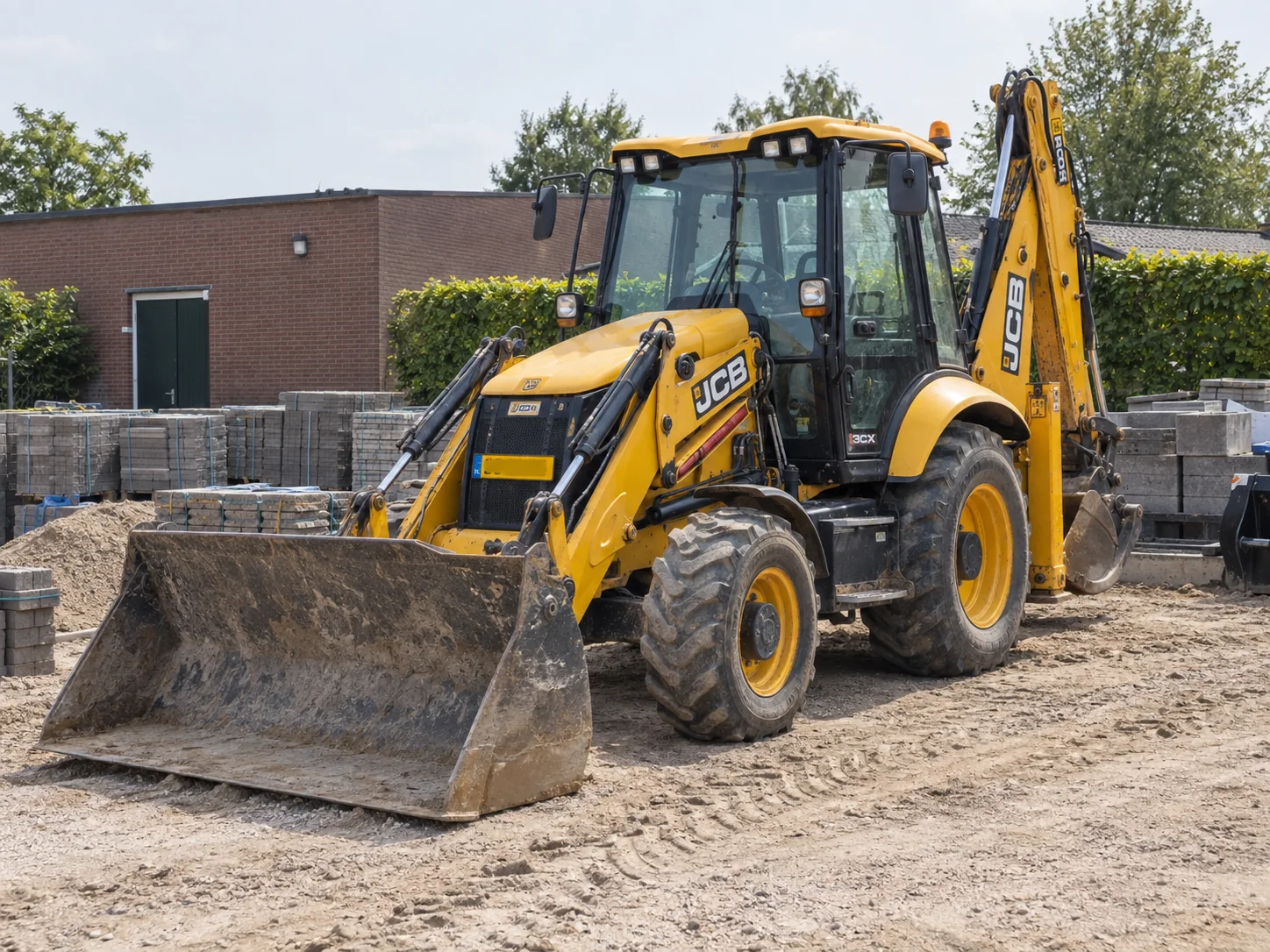 JCB 3CX graaf-laadcombinatie op een Nederlandse onderhoudslocatie.